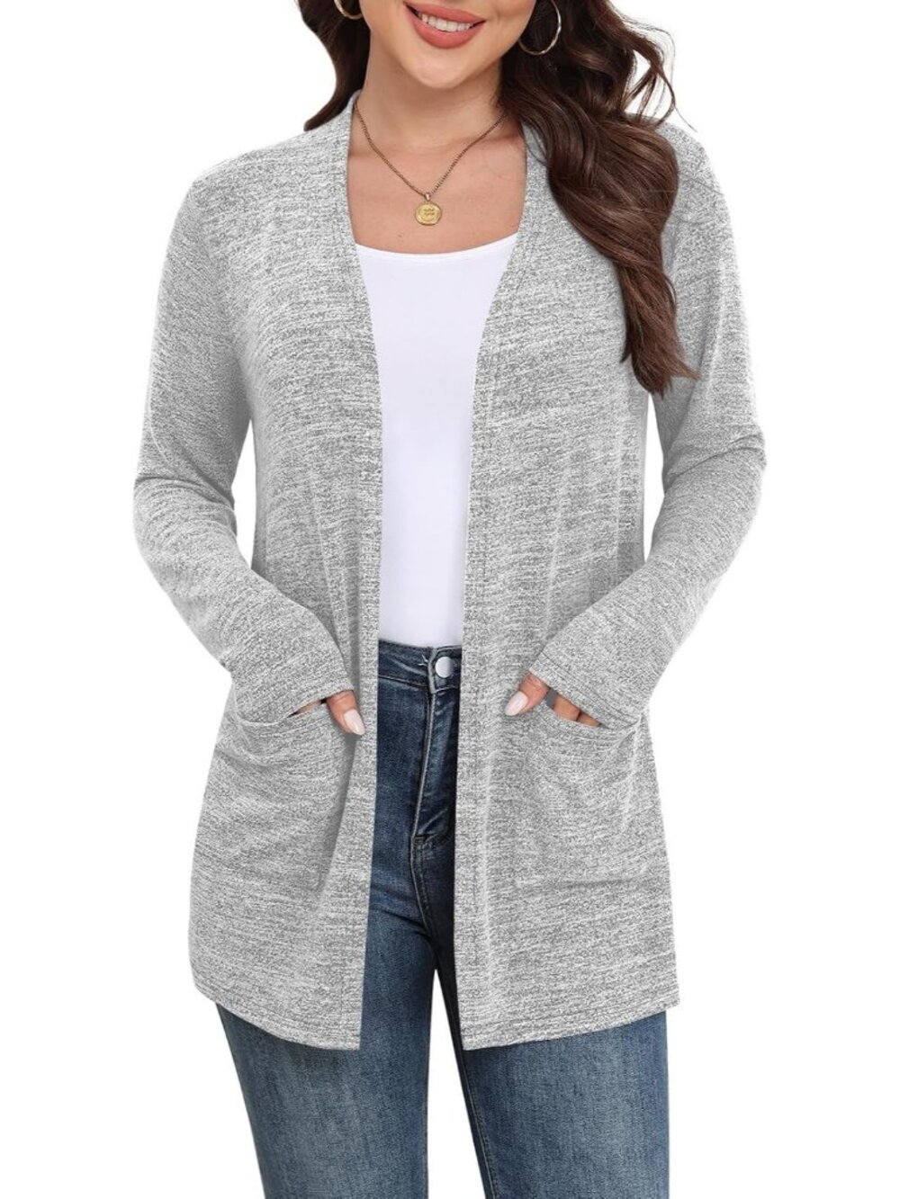 Women's Light Gray Casual Cardigan Long Sleeve Open Front with Pockets Sweater